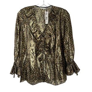 Alice + Olivia Elliott Black Gold Silver Metallic Ruffle Trim Blouse Small S